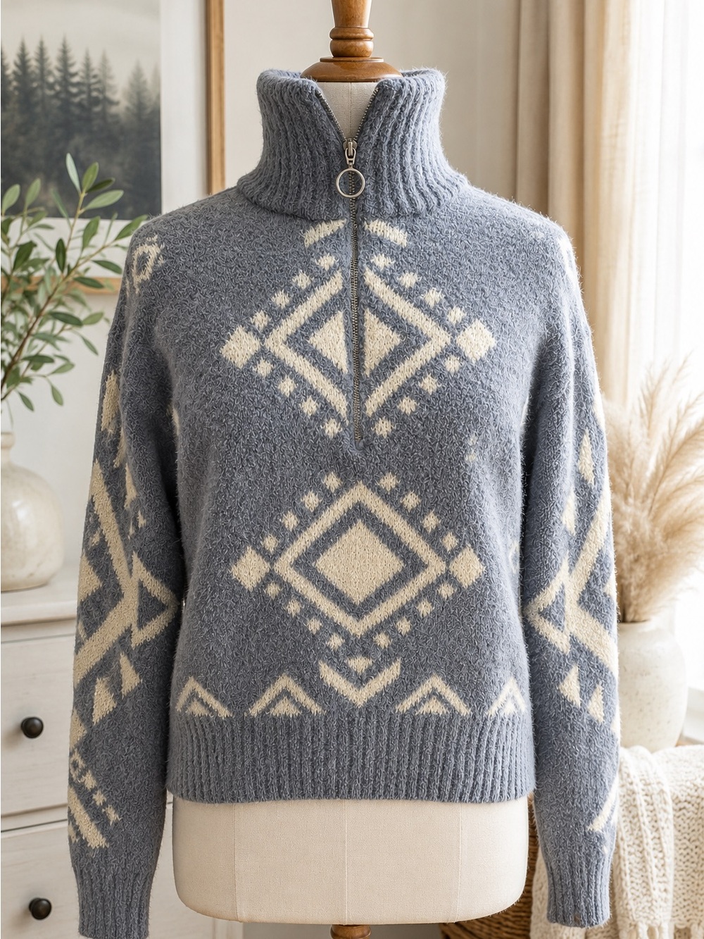 Jessica Simpson Fuzzy Geometric Quarter Zip Sweater Gray Cream Size S